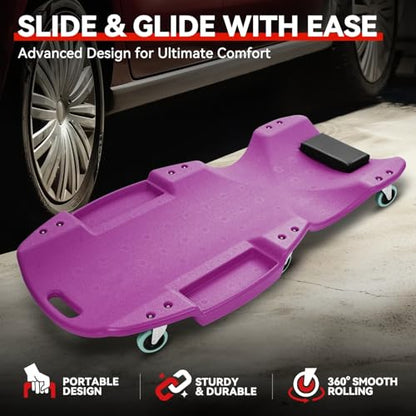Auto Dynasty 47 Inches Mechanic Creeper, Automotive Garage Repair Low Profile Under Car Rolling Creeper with Padded Headrest, Plastic, Purple - color: Purple