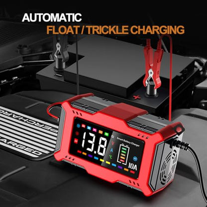 Car Battery Charger 10A with Large LCD Display for 12V Lead Acid & 14.6V LiFePO₄, Automatic Battery Maintainer, Trickle Charger, Desulfator, AGM/Gel/SLA Charger for Cars Trucks Motorcycles Boats