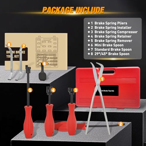 GOOACC 8PCS Drum Brake Tool Kit, Brake Tool Set with Drum Brake Spring Tool Installer, Remover, Compressor, Retainer, Pliers and Adjustment Spoons Set Brake Tools for Automotive Installer Remover Red - color: 8pc Brake Tool Red