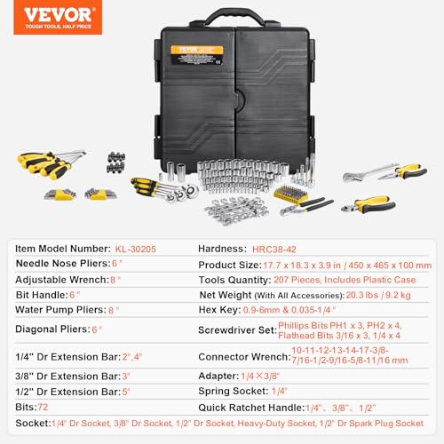 VEVOR Mechanics Tool Set 207 Pieces 1/4" 3/8" 1/2" Drive Sockets -SAE and Metric Mechanic Tool Kit with Bits - Wrenches, Ratchet Handle, Accessories, and Plastic Storage Case - for Automotive Repair - size: 1/4"&3/8"&1/2", style: 207 PCS