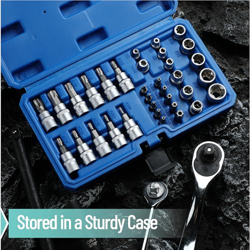 Bates- Male & Female Torx Bit Socket Set, 34 Pack, 3/8" Drive, CR-V Steel, Torx Bits T10-T55, E Sockets E4-E20, Socket T10-T60