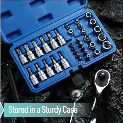 Bates- Male & Female Torx Bit Socket Set, 34 Pack, 3/8" Drive, CR-V Steel, Torx Bits T10-T55, E Sockets E4-E20, Socket T10-T60
