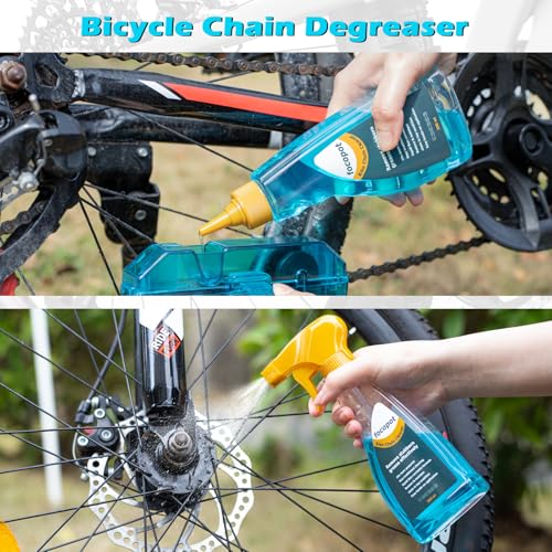 focopot Bike Cleaning Kit with 25 oz Bike Cleaner,10 Gear Floss,Toolbox | 13 Pcs,10oz Degreaser,2oz Lube,Scrubber,Suitable for Mountain/Road/E Bike,Biodegradable Safe Formula,Bike Cleaning Brush Tool