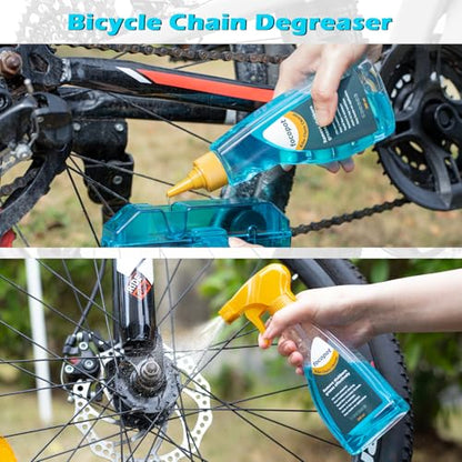 focopot Bike Cleaning Kit with 25 oz Bike Cleaner,10 Gear Floss,Toolbox | 13 Pcs,10oz Degreaser,2oz Lube,Scrubber,Suitable for Mountain/Road/E Bike,Biodegradable Safe Formula,Bike Cleaning Brush Tool