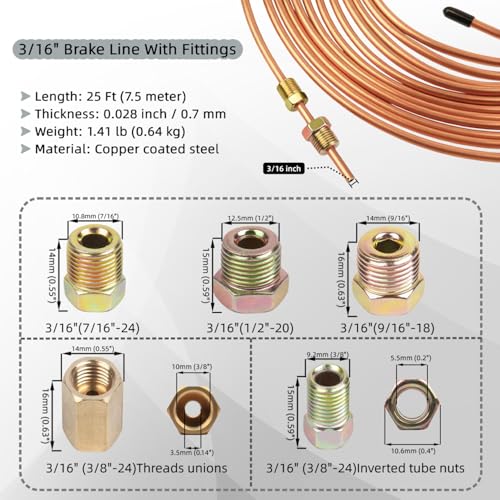 Wostore 25 FT 3/16" Brake Line Flare with 24 Brass Fittings & Double/Single Flaring Tool Kit for Single, Double (SAE) Flares & Bubble (ISO) Flares with Tubing Cutter Pipe Reamer for 3/16-5/8" 7 Sizes - size: Flaring tool with 3/16" brake line