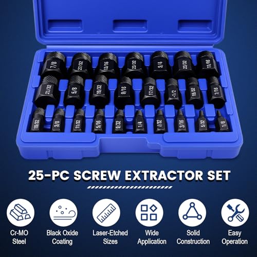 25 Pcs Screw Extractor Set, Hex Head Multi-Spline Easy Out Bolt Extractor Kit for Stripped Screw Removal, 1/8" to 7/8" in 1/32" Increments, CR-MO