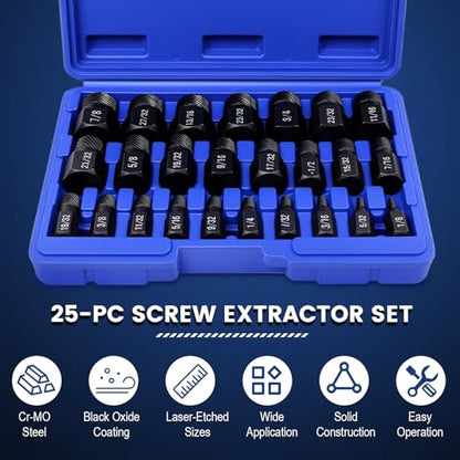 25 Pcs Screw Extractor Set, Hex Head Multi-Spline Easy Out Bolt Extractor Kit for Stripped Screw Removal, 1/8" to 7/8" in 1/32" Increments, CR-MO
