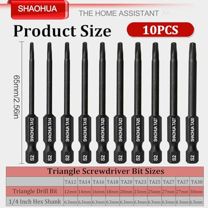 10PCS Triangle Screwdriver Set with Drill Bit Holder Key Chain, Triangle Screwdriver Bit Set, S2 Steel Screwdriver Set,1/4 Hex-Shank Drill Bit Set, TA12/14/16/18/20/23/25/27(x2)/30 - style: H. Triangle Screwdriver Bits