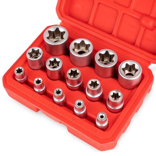 14-Piece E-Torx Socket Set, Premium External Torx Star Sockets - 1/4" 3/8" 1/2" Drive E4-E24, Ultimate Torque Socket Kit, Storage Case Included for Automotive Repair & Maintenance