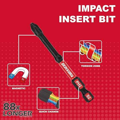 Geinxurn Impact Tough #2 Phillips 3 in. D2 Steel Long Extension Insert Driver Bits,30Pack 1/4 Inch Hex Shank Long Cross Magnetic PH2 Screwdriver Bits Set - size: 3"-D2PH2-30PCS