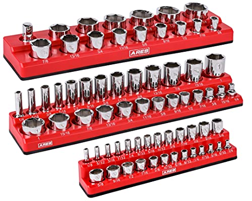 ARES 60035-3-Piece Set SAE Magnetic Socket Organizers - RED -Includes 1/4 in, 3/8 in, 1/2 in Socket Holders - Holds 68 Standard (Shallow) and Deep Sockets - Also Available in GREEN - color: Red (Sae), size: 1/4, 3/8, 1/2-Inch Drive - 3-Piece Set