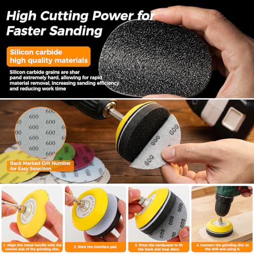 226pcs 3 Inch Sanding Disc Headlight Buffing Sanding Pads Restoration Kit Wet Dry 60 to 10000 Grits Hook and Loop Drill Sanding Attachment with 1/4" 1/8" Shank for Car Wood Metal Glass Resin