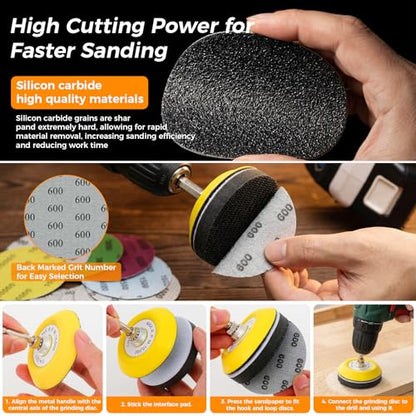 226pcs 3 Inch Sanding Disc Headlight Buffing Sanding Pads Restoration Kit Wet Dry 60 to 10000 Grits Hook and Loop Drill Sanding Attachment with 1/4" 1/8" Shank for Car Wood Metal Glass Resin