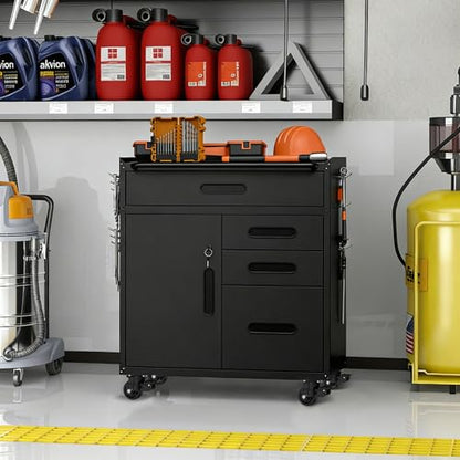 Metal Storage Cabinet for Garage, Tool Cabinet, Utility Cabinet | Wheeled, Rolling Tool Cabinet, 4 Drawers, 1 Doors Lockable, Top Countertop, Pegboard, Assembly Required, Black - color: Black