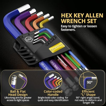AMTOVL Hex Key Set, 9PCS Metric Allen Key Set, 1.5-10MM, Anti-Slip Long Ball End Hex Wrench Set, Color Coding Hex Key Set for Disassembling Mechanical Equipment, Vehicle, and Bicycle Repairs - size: 9 PCS METRIC SET