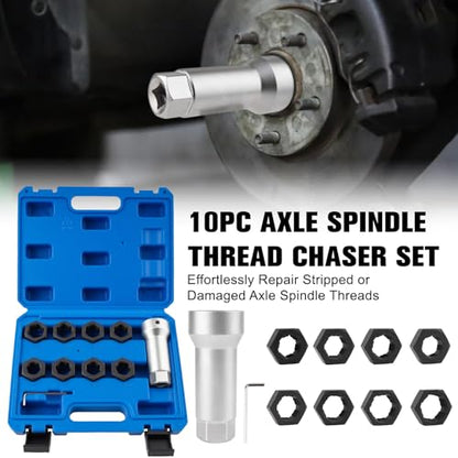 Marvelity 10-Piece Axle Spindle Thread Chaser Set | Includes 8 Dies & 1-1/16" Extension Bar, 8 Common Sizes M20 M22 M24, 13/16" 3/4" UNEF Nuts, for Most Vehicle Axle Spindles