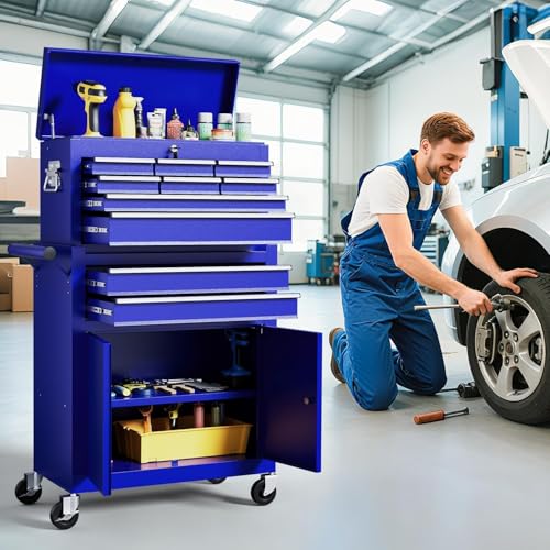 10-Drawer Rolling Tool Chest with Wheels, Rolling Tool Chest Heavy Duty, 2 in 1 Lockable Tool Box with Drawers, High-Capacity Mechanic Tool Organizer, Adjustable Shelf & Detachable Top Cabinet - color: Blue