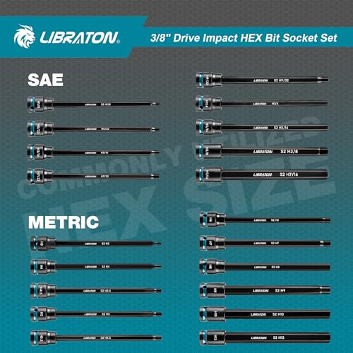 LIBRATON 3/8" Drive Long Impact Hex Bit Socket Set, Allen Bit Sockets, S2 Steel Hex Head Sockets, 20PCS Allen Wrench Socket, SAE&Metric Allen Bit Socket Set, 6" Long Allen Key Socket, Blow Molded Box