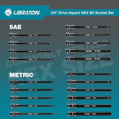 LIBRATON 3/8" Drive Long Impact Hex Bit Socket Set, Allen Bit Sockets, S2 Steel Hex Head Sockets, 20PCS Allen Wrench Socket, SAE&Metric Allen Bit Socket Set, 6" Long Allen Key Socket, Blow Molded Box