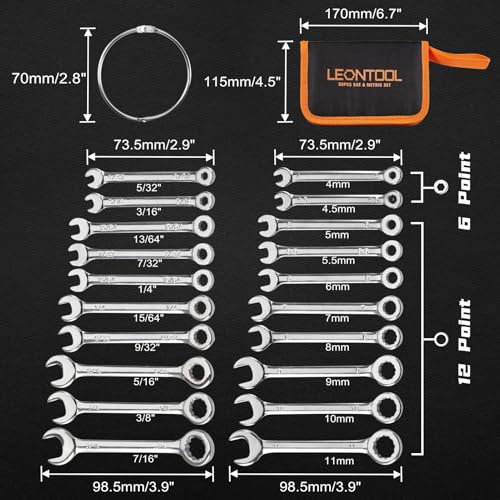 Mini Wrench Set Metric and SAE 20 Pcs Ignition Wrenches 4-11mm & 5/32" to 7/16" Open End Box End Wrench Set with Key Ring, Combination Wrench Sets with Zipper Bag - style: Metric and SAE