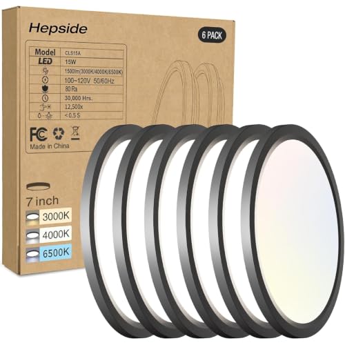 6PACK LED Flush Mount Ceiling Light, 3000K-4000K-6500K & 100W Equivalent Disc Closet Ceiling Light Fixture 7Inch 15W 1500LM Low-Profile Ceiling Fixture for Bathroom Hallway Bedroom Kitchen Basement - color: Black, size: 7Inch-6pack