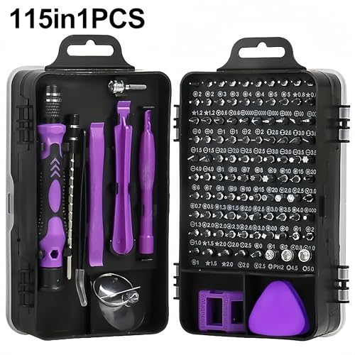 115-in-1 Precision Screwdriver Sets, Professional Repair Tool Kit with Flat Head & Multiple Bits for Electronics, Phone, Watch, Automotive Maintenance - Magnetic, Non-Slip Handle & Tweezers(Purple)