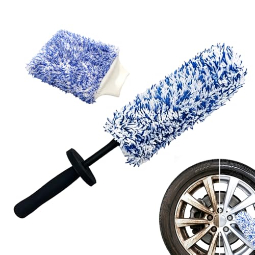 Wheel Barrel Cleaning Brush,2026 New Long Handle Microfiber Wheel Brush Car Duster,Lightweight Rim Detailing Tool for Narrow Spokes & Brake Calipers (Blue Set/1 Set) - color: Blue Set/1 Set