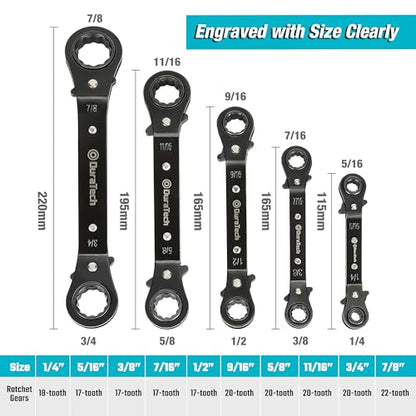 DURATECH 5 Pc Double Offset Box End Reversible Ratcheting Wrench Set, SAE, Heavy-duty, Matte Chrome Plated, Ratchet Spanner Crooked for Narrow Spaces (1/4-7/8 inch) - size: SAE
