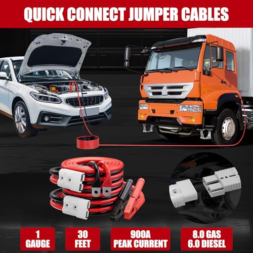 Heavy Duty Jumper Cables for Car Battery, 1 Gauge 30 Feet 900AMP Quick Connect Booster for Jump Starting Dead or Weak Batteries, Suitable for 8L Gas & 6L Diesel, Carrying Bag Included - size: 1 Gauge（30FT）