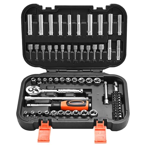 VEVOR Socket Set, 70 Pieces, 1/4 inch Drive Socket and Ratchet Set, SAE and Metric, Deep and Shallow, Mechanic Tool Kit with Bits, Accessories and Storage Case, CR-V Alloy Steel, for Automotive Repair - size: 1/4", style: 70 PCS