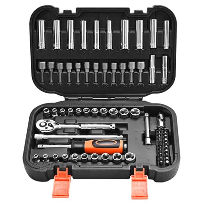 VEVOR Socket Set, 70 Pieces, 1/4 inch Drive Socket and Ratchet Set, SAE and Metric, Deep and Shallow, Mechanic Tool Kit with Bits, Accessories and Storage Case, CR-V Alloy Steel, for Automotive Repair - size: 1/4", style: 70 PCS