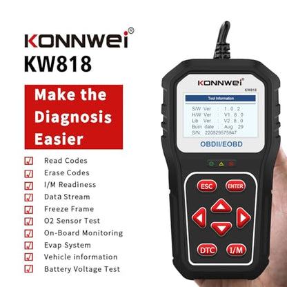 KONNWEI KW818 Bluetooth OBD2 Scanner for All Vehicles – Car Code Reader, Check Engine Light Diagnostic Tool, Full OBDII Functions, Real-Time Data, Fault Code Reader, Compatible with iOS & Android