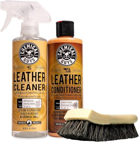 Chemical Guys Leather Cleaner and Conditioner Kit with Brush | Horse hair brush for car, furniture, jackets, and shoes, 3-item leather care bundle, 3 piece leather care kit with brush - style: 16 Fl Oz KIT + BRUSH