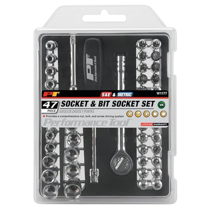 Performance Tool W1177 47pc Socket & Bit Set - size: 47-Piece (Pack of 1), style: Socket & Bit Set