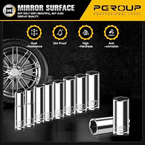 10PCS 3/8” Drive Deep Socket Set, Metric(10mm-21mm), 6-Point, Cr-V Steel, Chrome Plated Socket With Hanging Bracket, Cover Most Commonly Sizes - size: 3/8"Metric(10mm-21mm)