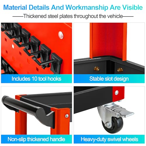 3-Tier Rolling Tool Cart with Pegboard, 1000LBS Load 2 Lockable Casters | Heavy Duty, Metal Mechanic Tool Storage, For Garage, Repair Shop, Warehouse & Workshop