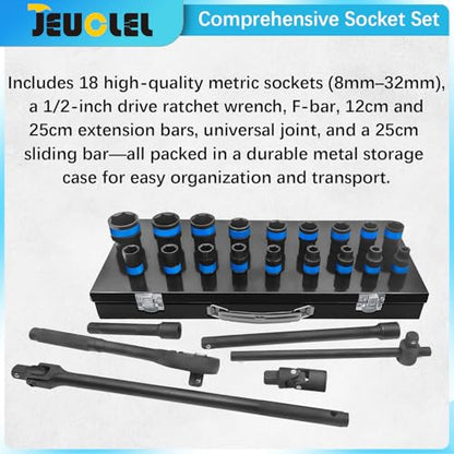 24 Pcs Metric 1/2 Inch Drive 6-Point Standard 8-32mm Socket Ratchet Wrench Set, Short & Long Air Pneumatic Sockets Spanner for Automotive Repairs Machinery Maintenance Household Maintenance