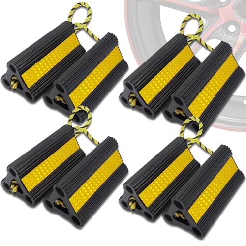 Vacallity Rubber Wheel Chocks 4 Pair (8 Pack) for Travel Trailers Camper RV Truck Car, Sturdiness Heavy Duty Simple Easy to use,Tires Block Stopper Chock with Nylon Rope Yellow Reflective Tape - size: 8.2" 4pair