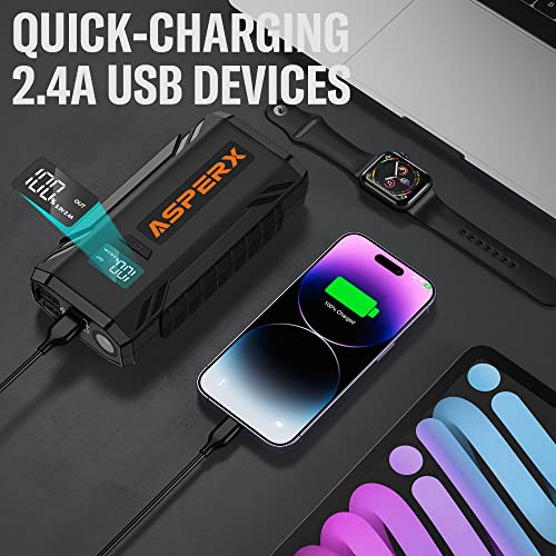 ASPERX Car Jump Starter, 2000A Peak Battery Jump Starter for Up to 7.0L Gas or 5.5L Diesel Engine, 12V Portable Battery Starter Power Pack with 1.4 INCH LCD Display - color: black