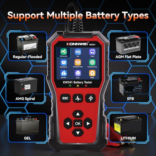 KONNWEI KW341 6V 12V 24V Battery Tester for Car Truck Motorcycle | Automotive Load tester, Cranking & charging test, CCA 10-2000, Supports lead-acid/AGM/GEL/EFB/Lithium, In/out-vehicle modes