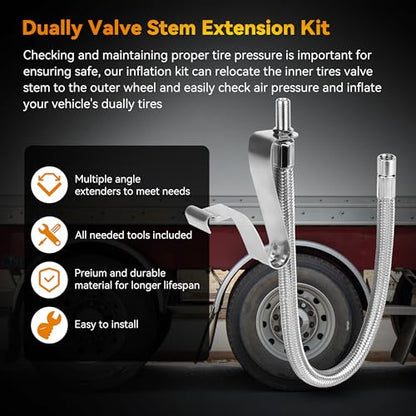 RVZONE Dually Valve Stem Extenders Kit, Stainless Steel Braided Valve Stem Extension fits 16" to 19-1/2" Dual Wheels Tire Valve Extension for Most Cars Motorhome RVs Trailers Trucks