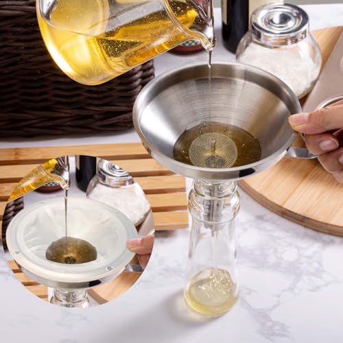 Toncoo 3 Pack Stainless Steel Funnels for Kitchen Use, Food Grade Cooking Funnel with 3 Strainer, Kitchen Funnel Set Metal Funnels for Filling Bottles