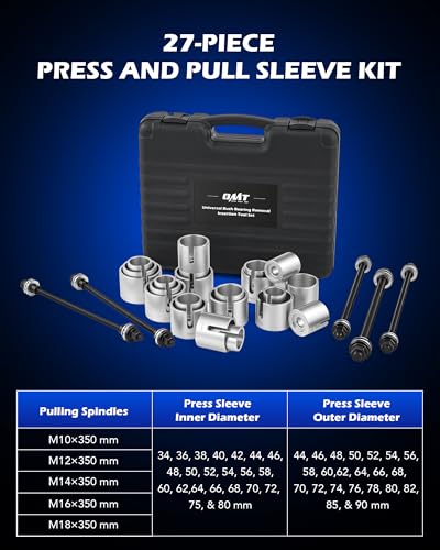 OMT Bushing Press Kit, 27pc Pull and Press Sleeve Kit, Bushing Removal Tool | Durable AISI 1045 Steel, Quick Seal Insertion, with 22 Press Sleeves & 5 Pulling Spindles, for LCV/HGV Vehicles - color: Black