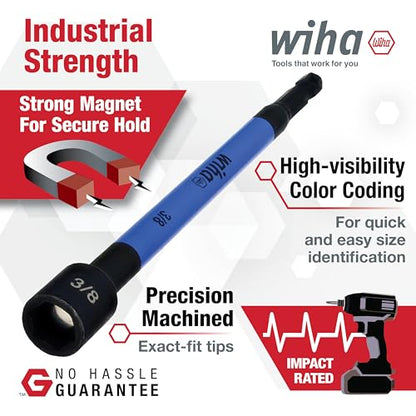 Wiha 70486 Magnetic Nut Setter Set, 6 Piece SAE, Color Coded, 1/4-Inch Hex Drive, Impact Rated