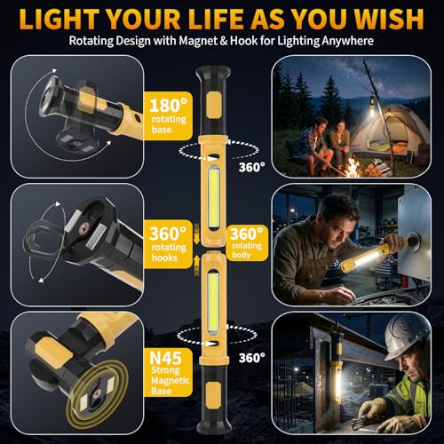 Mechanic Work Light Bar, 2400LM LED Rechargeable Under Hood Work Light with 5200mAh, Magnetic Base & Concealed Hook for Car Repair/Garage/Workshop/Home Emergency-Yellow