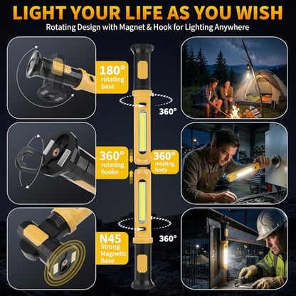 Mechanic Work Light Bar, 2400LM LED Rechargeable Under Hood Work Light with 5200mAh, Magnetic Base & Concealed Hook for Car Repair/Garage/Workshop/Home Emergency-Yellow