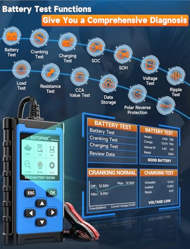 AUTOPHIX 2 IN 1 OBD2 Scanner with Battery Tester, BAS300 Plus 12V 100-2000 CCA Battery Charging Cranking Test Car Code Reader, Full OBD2 Diagnosis Check Engine Diagnostic Scan Tool Battery Load Tester - color: Lake Blue
