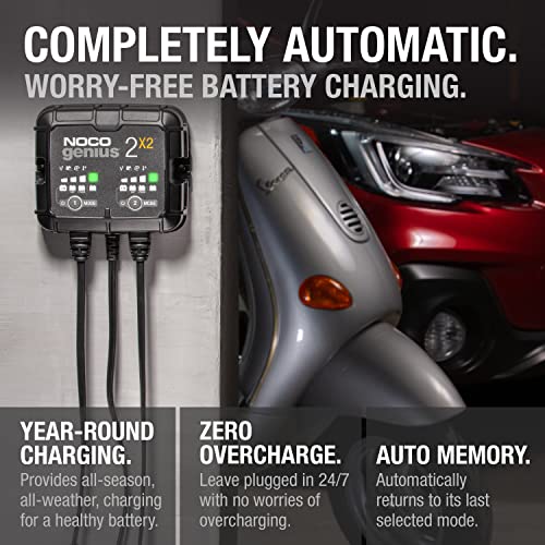 NOCO GENIUS2X2: 4A 2-Bank SmartBattery Charger(2A/Bank)6V/12V Automatic Maintainer,Trickle Charger & Desulfator with Overcharge Protection & Temperature Compensation for Lead-Acid & Lithium(Pack of 2) - size: 4A (2A per Bank) (Pack of 2)