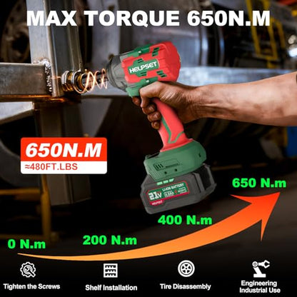 Cordless Impact Wrench 1/2", 650Nm (480Ft.lb) | Brushless Impact Gun with 2x4.0Ah Batteries and Fast Charger, for Car/Lawn Mower, 6 Sockets & Toolbox