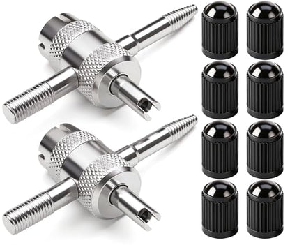 4-in-1 Valve Core Tool Kit (2 Pcs) with 8 Pcs Tire Valve Stem Caps - Tire Valve Stem Removal Tool for Bicycle, Motorcycle, Car, Truck - Schrader Valve Core Puller & Installer